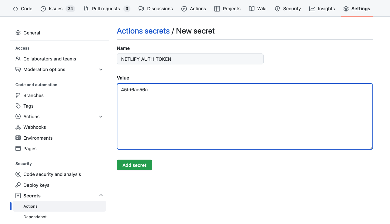 GitHub New repository secret form with Name and Value fields filled in, and an Add secret button.