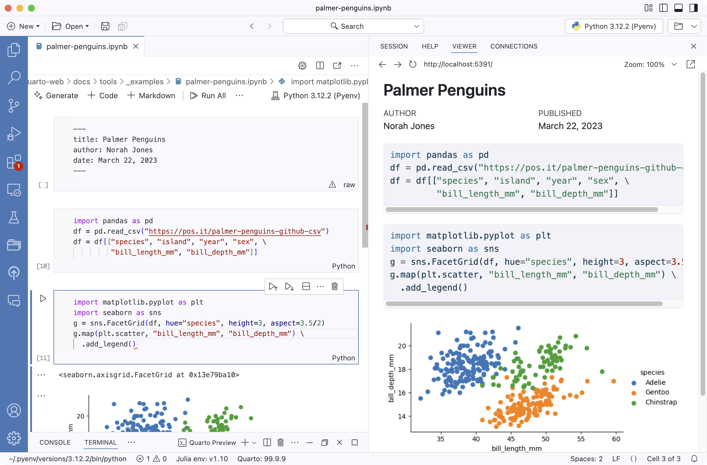 A Palmer Penguins notebook open in Positron, with a rendered Quarto Preview panel showing the title, author, and a scatterplot of bill depth against bill length.