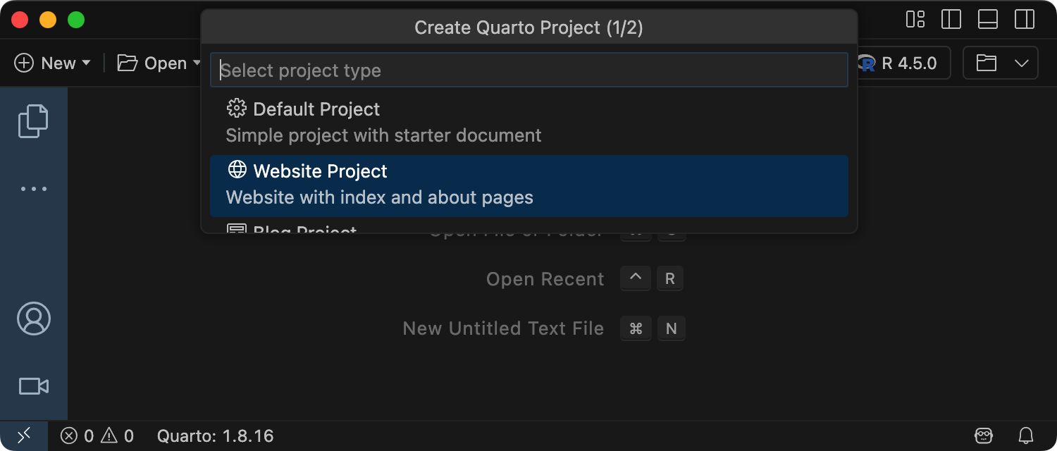 Create Quarto Project prompt in Positron, with Website Project selected in the project type list.